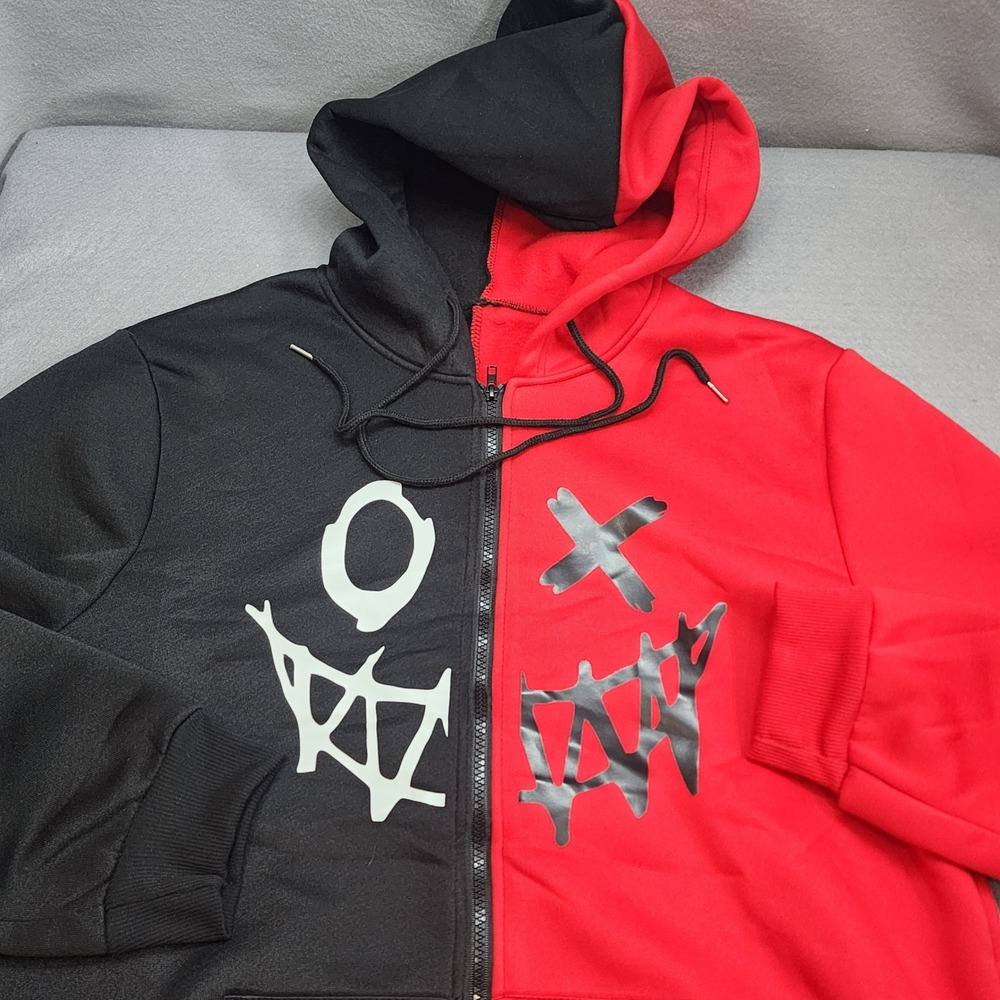 Unbranded Split Colorblock Graphic Zip Hoodie Red Black Streetwear‎ Mens L